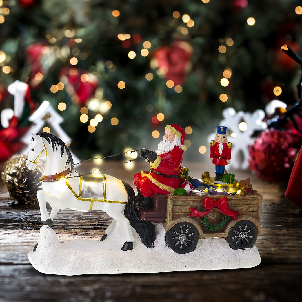 Santa with white horse, wagon and rotation nutcracker - Santa's Light Shop