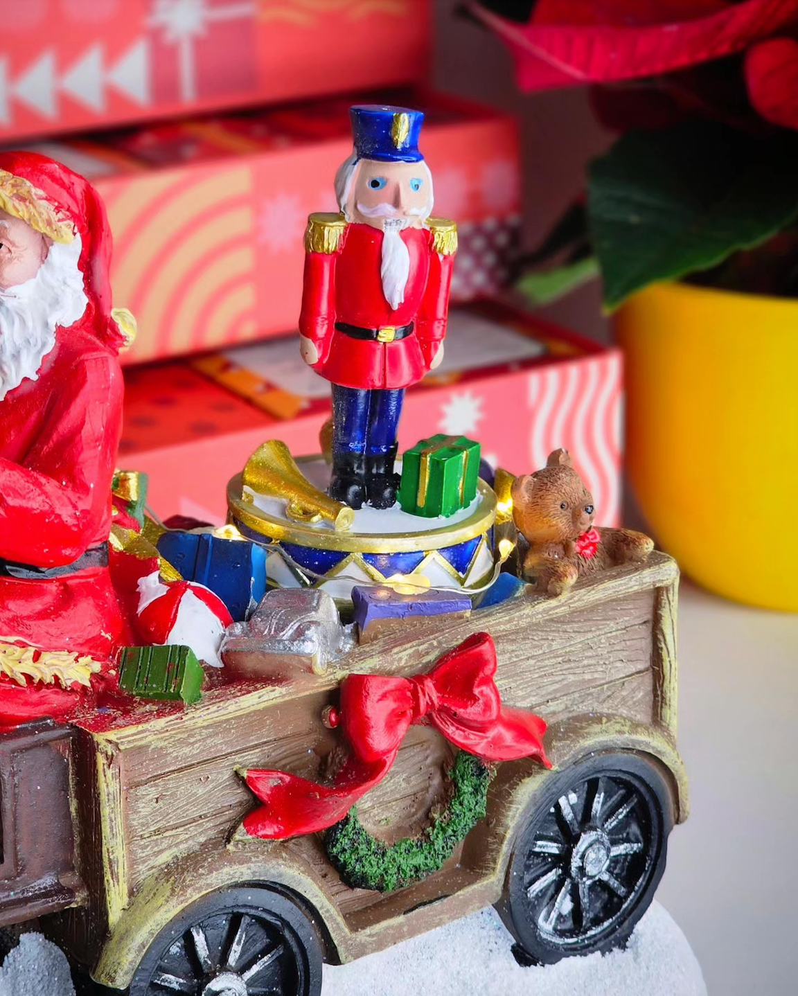 Santa with white horse, wagon and rotation nutcracker - Santa's Light Shop