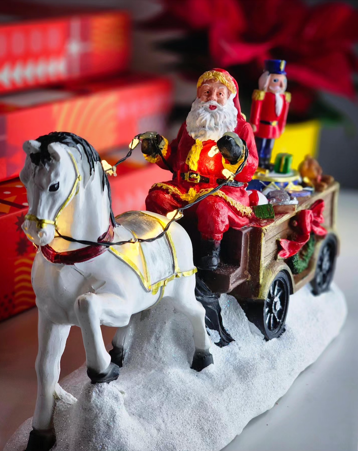 Santa with white horse, wagon and rotation nutcracker - Santa's Light Shop