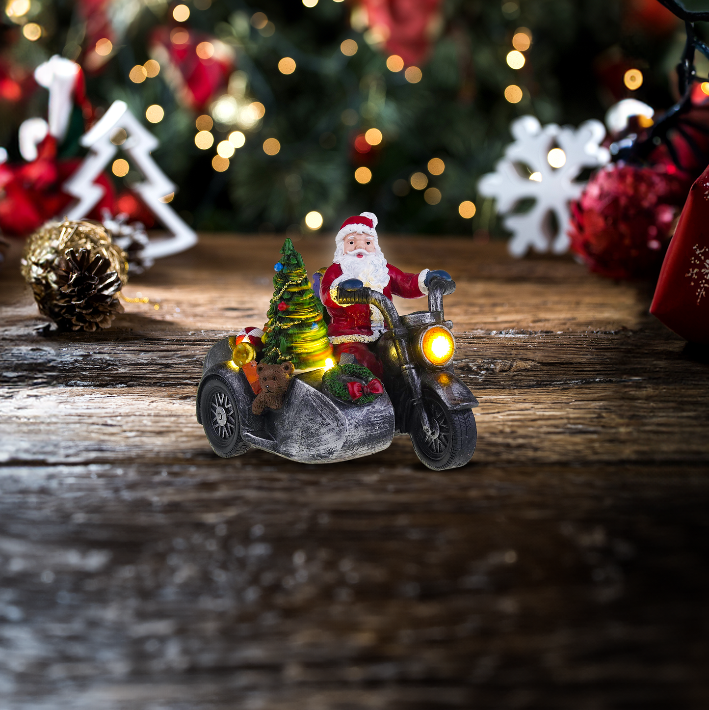 Weihnachtsmann auf Motorrad mit Beiwagen - Weihnachtsdorf